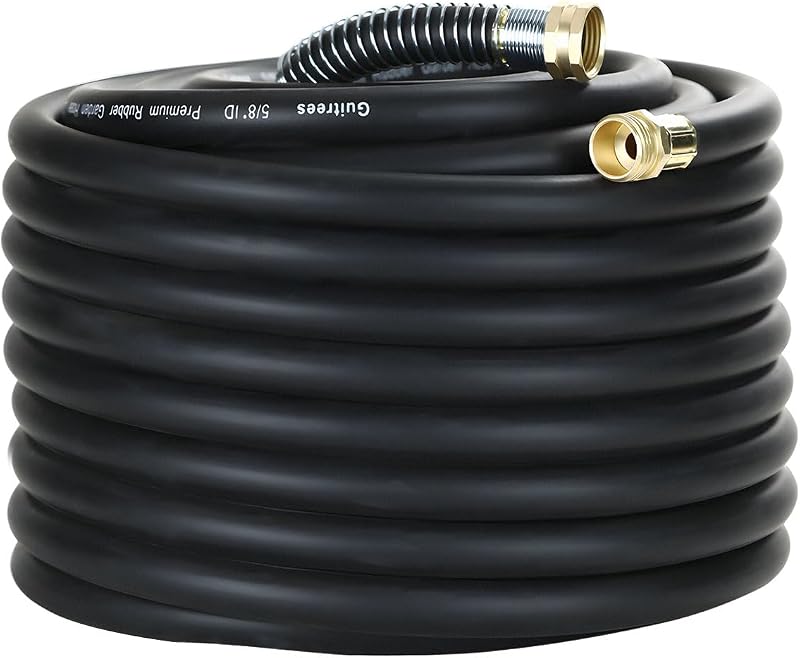 Guitrees 100FT 5/8 Heavy Duty Rubber Garden Hose - 300psi Working, 1000psi Burst - Hot/Cold Water - Five-Layered Braiding for Durability - Versatile for Gardening, Agriculture, Construction(Black)