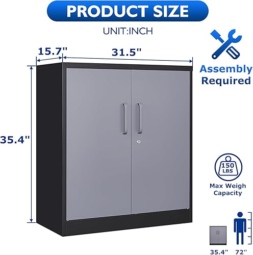 Miniatura 3 de AFAIF Armarios de almacenamiento de metal con puertas de bloqueo y 2 estantes ajustables, gabinetes de oficina de acero con cerradura, gabinete de