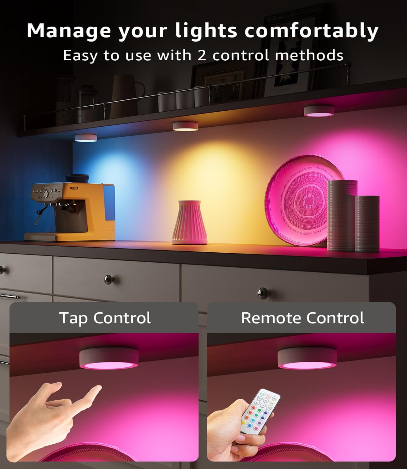 Luci a disco ricaricabili con telecomando, 13 colori cangianti, dimmerabili, luci a spinta, luci a LED senza fili, per armadio, camera da letto, armadio e aula, confezione da 3