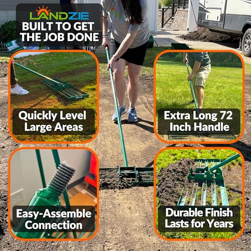 Image of Landzie Lawn Leveling Rake - 30 Inch Wide 72 Inch Handle Powder Coated Yard, Garden, and Lawn Leveling Tool - Professional Lawn Care Landscaping Tools, Green
