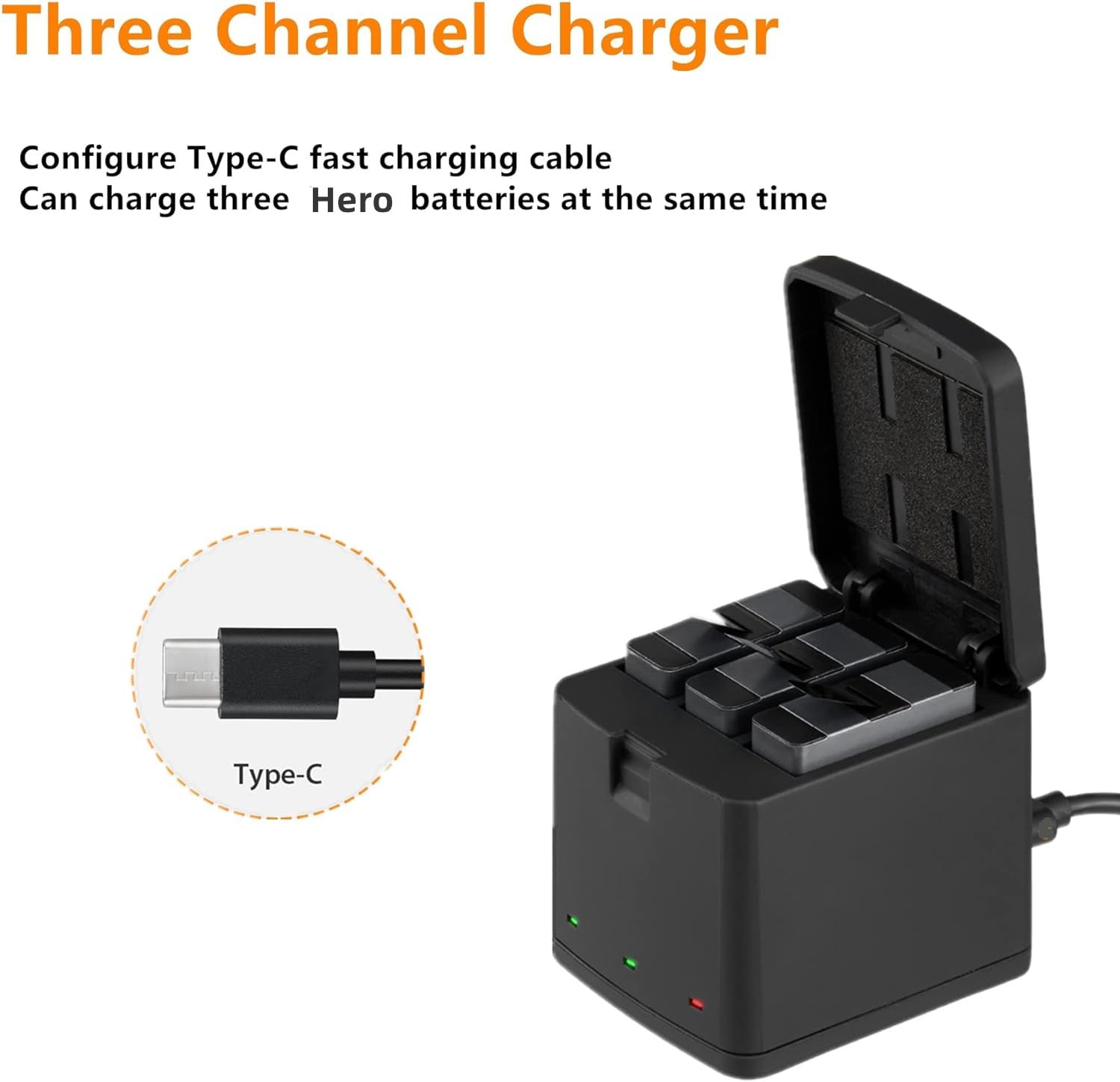 Vemico Hero 7/6/5 Batterie Chargeur Kit 3 Pack 1500mAh Remplacement Batteries Type-C LED Chargeur 3-Canaux pour Hero 7 Black/ 6/5 Black/Hero 2018 (Compatible avec l'original)