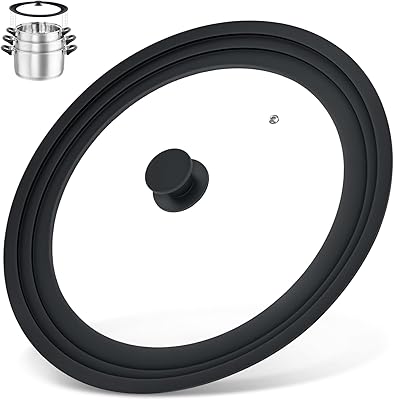 13-14-15 in Universal Lid for Oversized Pots, Pans and Skillets, Extra Large Pot Lid Tempered Glass Lid with Heat-Resistant Silicone Edge, Cookware Lids, Replacement Frying Pan Cover, Black