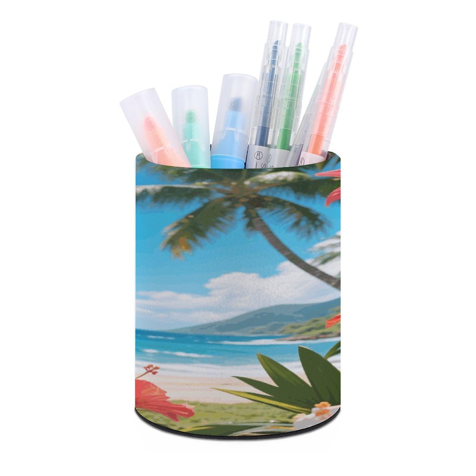VstaDank Hawaii Floral Tropical Pen Holder Round Pencil Holder Cup Pen Container PU Leather Desk Organizer Stand Decorative Brush Scissor Holder Decoration Office Desk Home (3.1 x 3.9 inch)