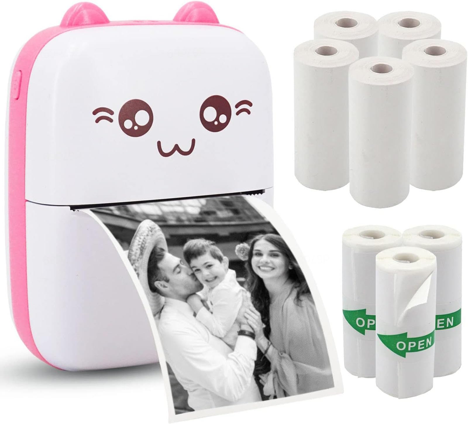 Miniaturowa drukarka kieszonkowa, przenośna drukarka termiczna, bezprzewodowa drukarka Bluetooth Tiny z 8 rolkami papieru do drukowania zdjęć, naklejek, etykiet, notatek i paragonó