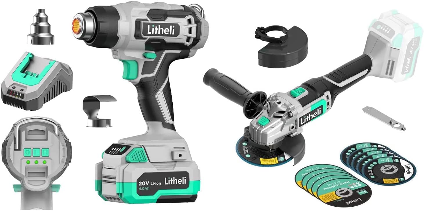 Litheli 20V Cordless Heat Gun, 20V Angle Grinder Bare Tool Combo Kit, w