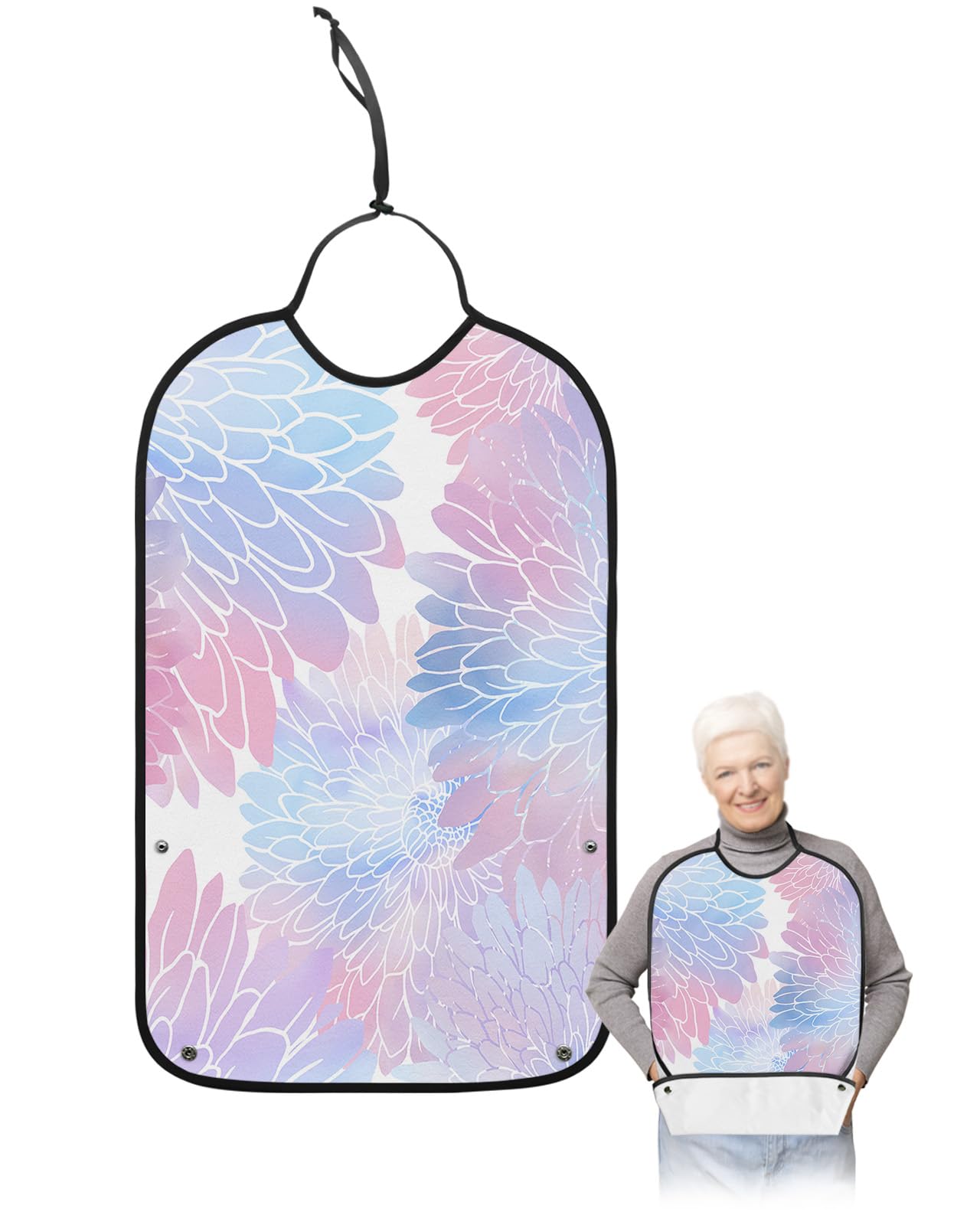 LEOKOTI Marble Dahlia Adult Bibs for Eating, Waterproof Bibs with Food Catcher & Adjustable Snap Closure, Abstract Pink Blue Gradient Washable Clothing Protectors Adult Bibs for Elderly Women/Men