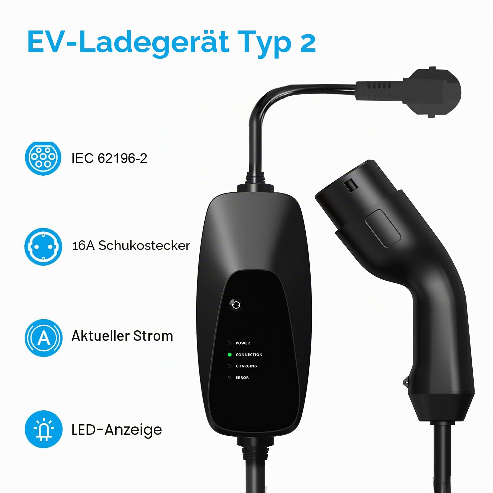 ANTELA Typ 2 Ladekabel Schuko 3,6kW/7M/16A Tragbares EV Ladegerät | Ladekabel Elektroauto Typ 2 Schuko, 8A/10A/13A/16A Schaltbare Ladebox für Elektrofahrzeug/EV/PHEV IEC 62196-2