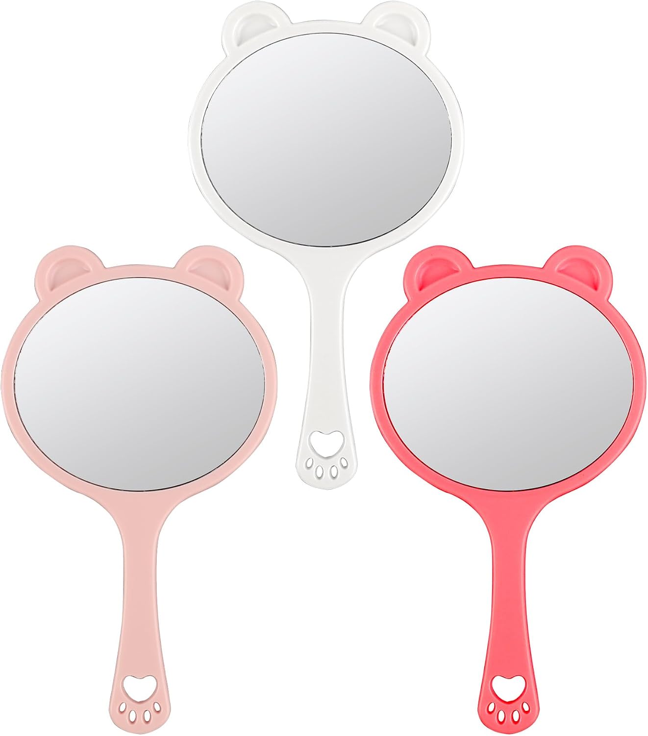 Framendino, 3 Pack Hand Held Mirror with Handle Single Sided with Hanging Holes for Travel Makeup Shaving Pink Rose Red White