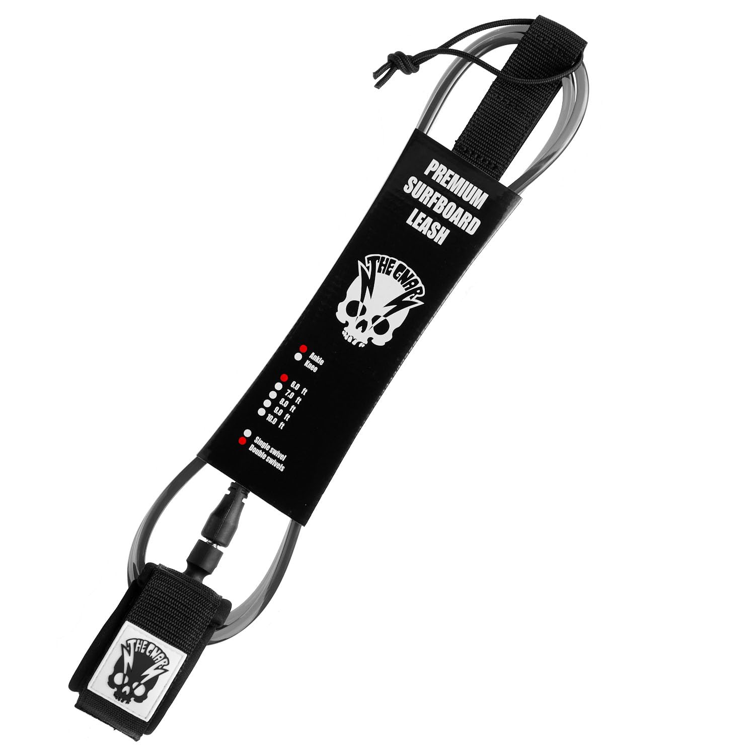 Laisse de planche de surf en nylon noir avec système pivotant en acier inoxydable, sangle de cheville rembourrée, manchette à dégagement rapide, cordon en uréthane robuste pour le surf