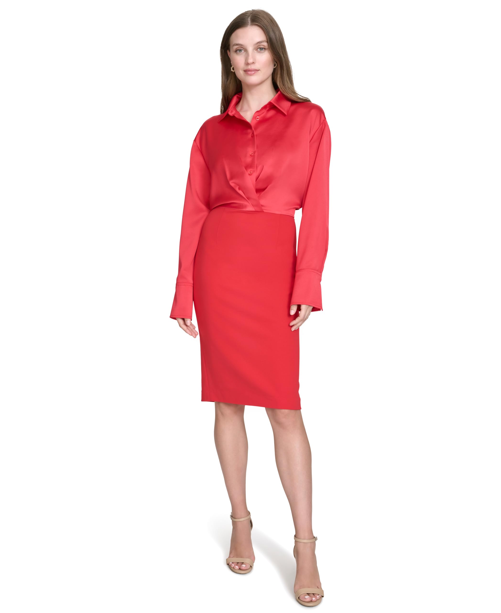 H Halston Womens Long Sleeve Collared Satin Top Twofer Shirt Dress