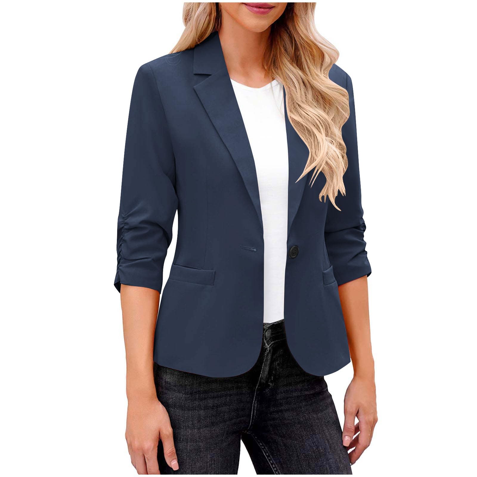 3 4 Ruched Sleeve Blazer for Women Business Casual Open Front Notch Lapel Neck Jacket Office Work Blazer