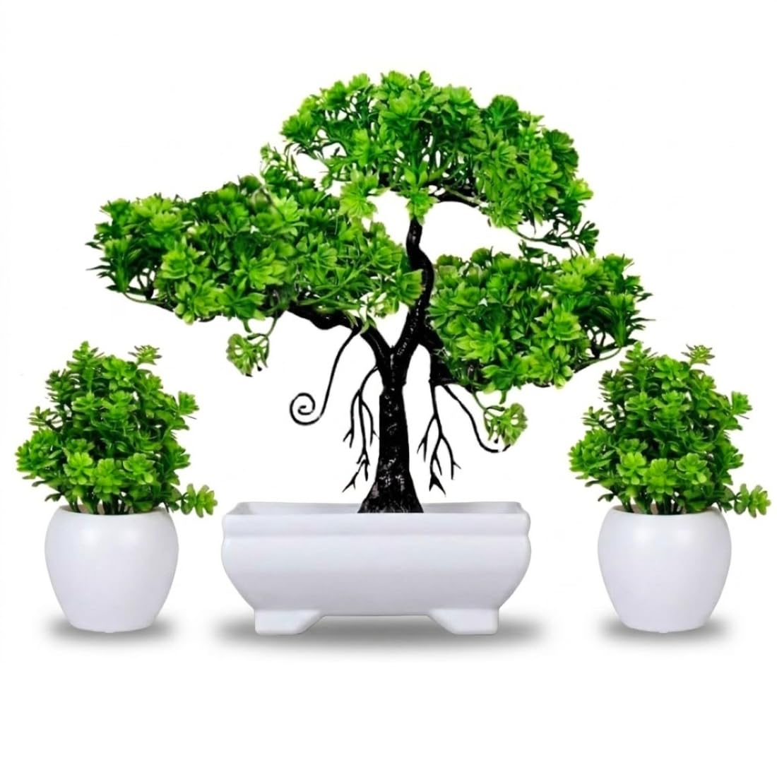 (Set of 3) Artificial Plants for Home Decor Green Flower 28 cm Tree Realistic Looks Bonsai Tree for Bedroom, Livingroom, Office, Table, Balcony, Kitchen Indoor & Outdoor Decoration
