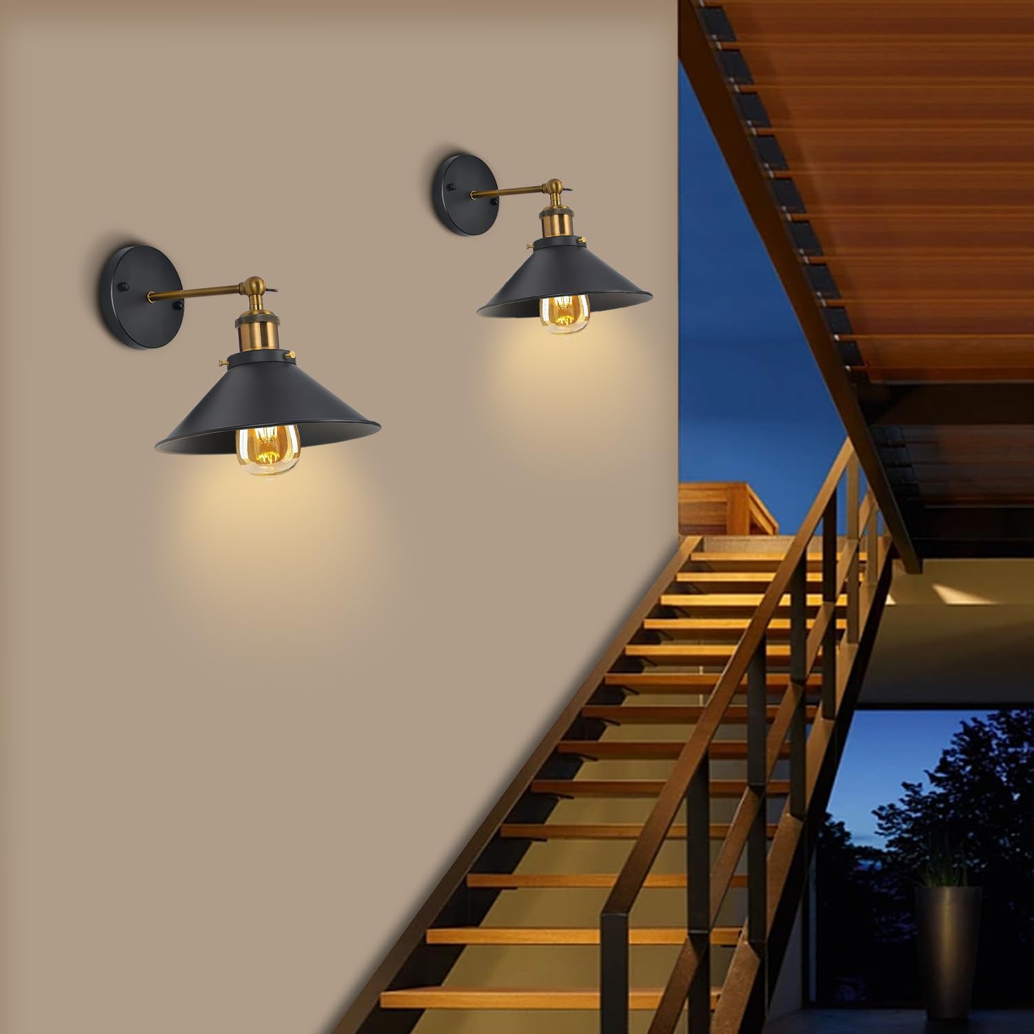 2 Pezzi Lampade da Parete Industriale Vintage E27 Applique da Parete Retrò in Stile Edison Regolabile 180° lampada da Muro in Metallo per Cucina Camera da Letto Soggiorno Loft, 22CM (Nero)