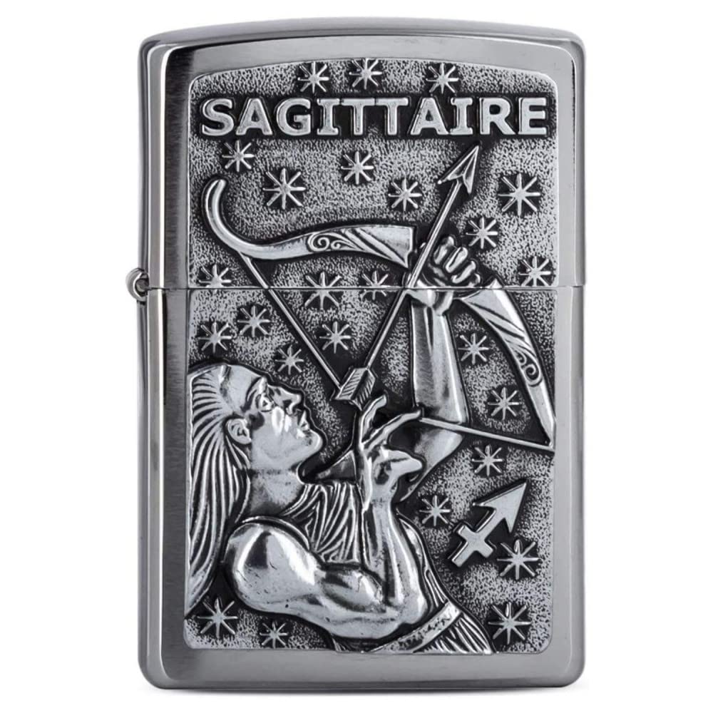 Zippo Zodiac Strzelec Zapalniczka Sztormowa, Emblemat, do Napełniania, Wielokrotnego Użytku, Wiatroodporna Konstrukcja, Pudełko na Prezent, Wykonano w USA, Szczotkowany Chrom