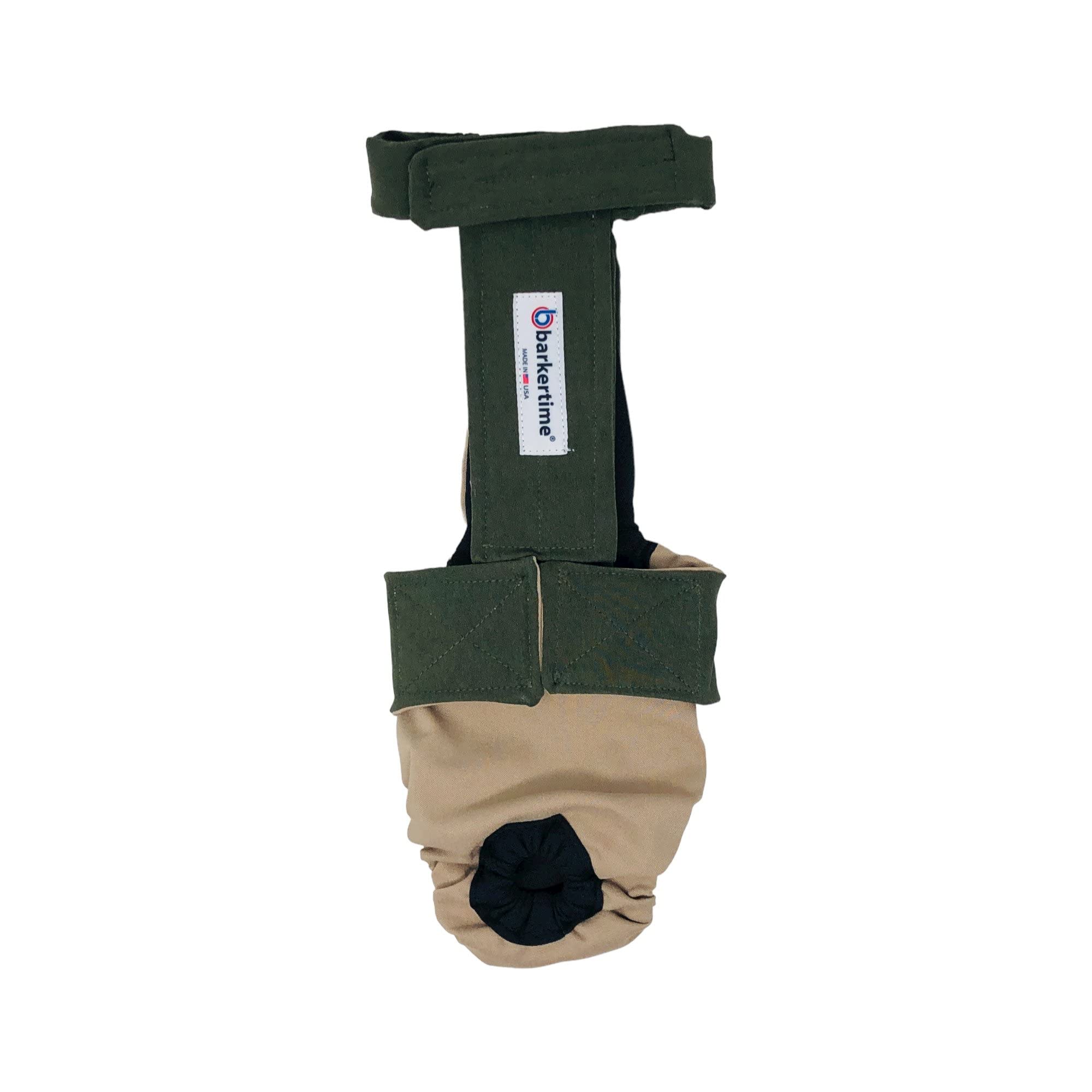 Barkertime Olive Green on Beige Biscotti Dog Diaper Overall, M, with Tail Hole - Made in USA