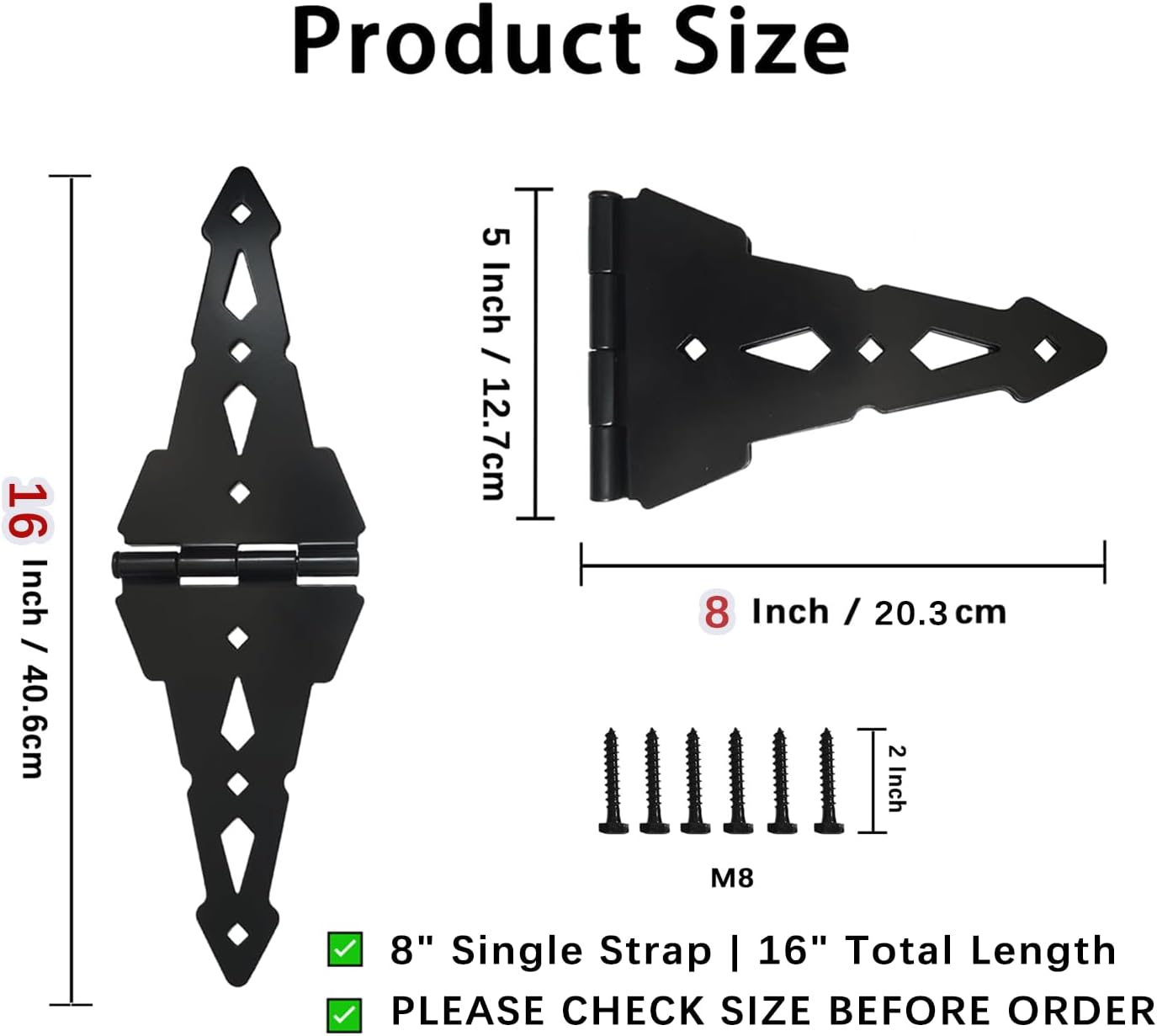 8 inch Heavy Duty Fence Gate Hinges 4 Pack, 7.5 Inch Cast Iron Gate Handle 2 Pack