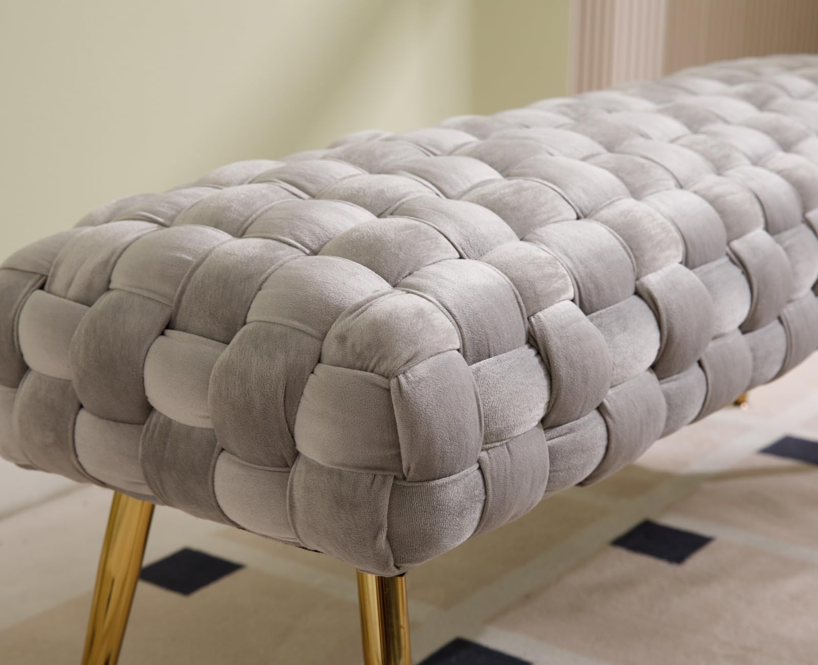 Banco Otomano de Terciopelo Tapizado con Patas de Metal Dorado, Asiento para Ventana para Dormitorio y Sala de Estar, Gris