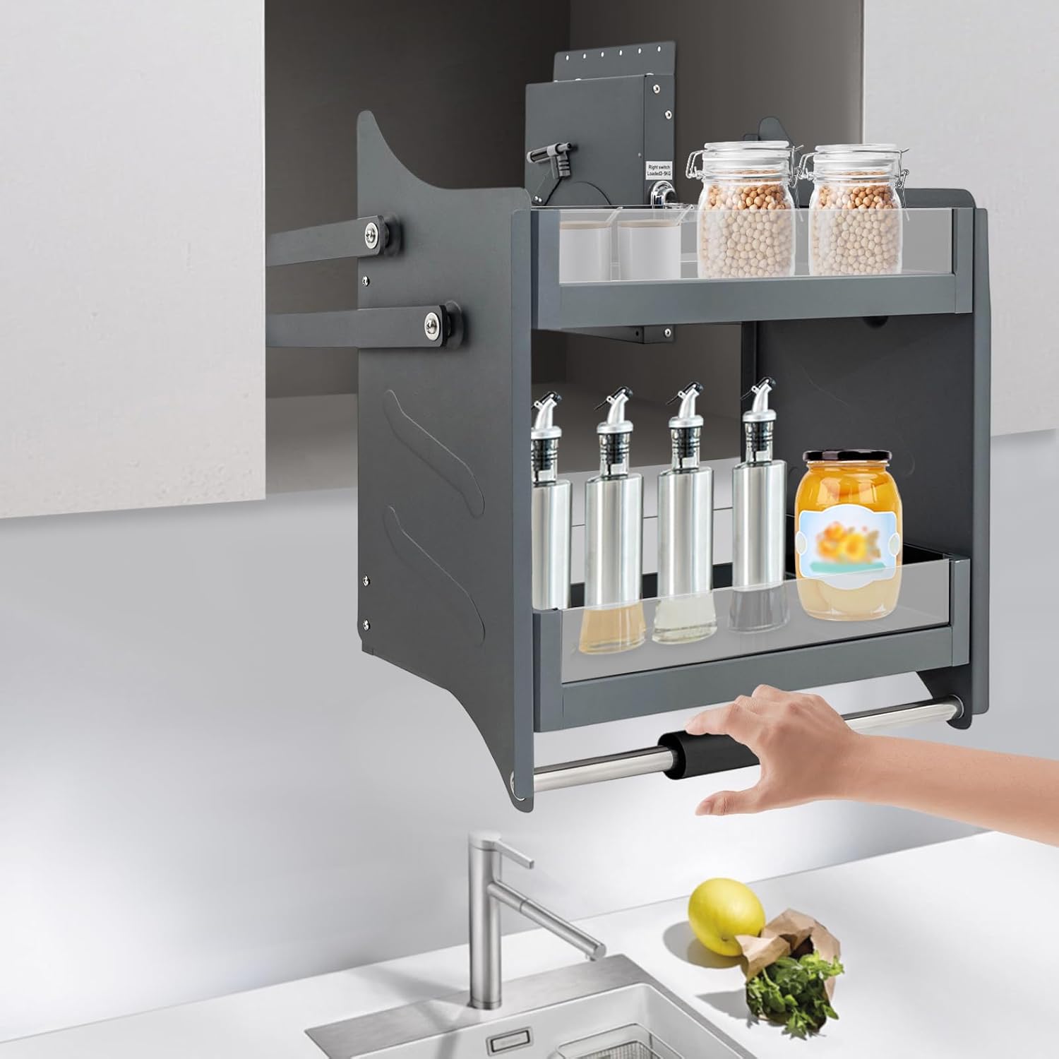 22.2 Inch Pull Down Shelves Cabinet Organizer 2-Tier Storage Cabinet Kitchen Wall Cabinet 26.4 Lbs Load Capacity 600 Frame Pull Down Shelf Heavy-Duty for Kitchen Bar Cafe Cabinets Black