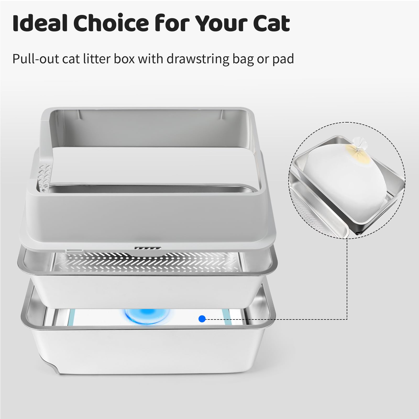 Bac à litière pour Chats en Acier Inoxydable pour Chat, bac à litière avec tiroir et bac de tamisage, Pelle pour Gros Chats, Nettoyage Facile