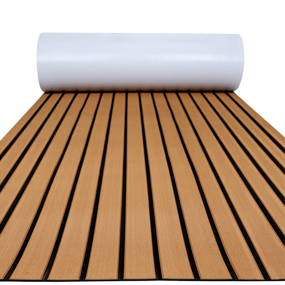 FOCEAN Boat Flooring EVA Foam Decking Faux Teak Marine Mat Sheet for Motorboat RV Yacht Kayak Surfboard, 94.5''x 15.7'', Brown