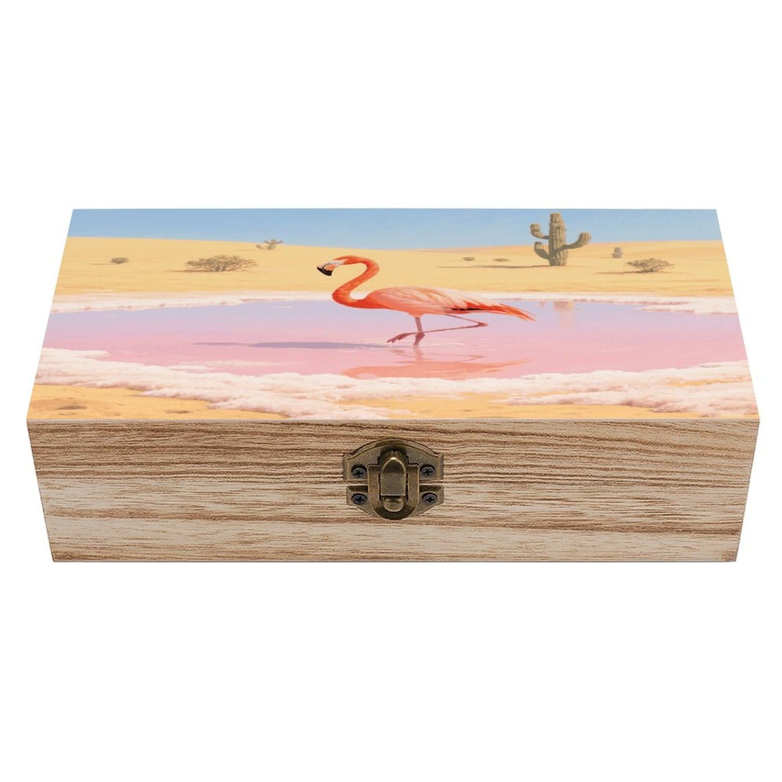 VstaDank Orange Flamingo in Salt Lake Wooden Storage Box Vintage Style Wooden Storage Case with A Hinged Lid Memory Treasure Boxes Decorative Jewelny Photos for Organizer 7.9 * 3.7 * 2.3 Inch
