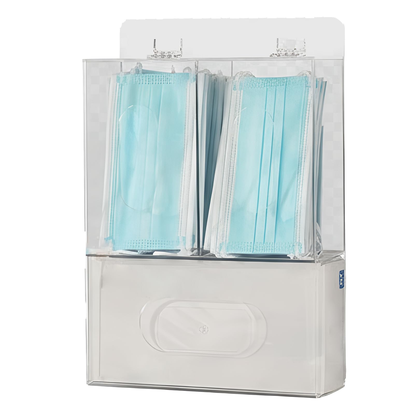 Dispenser per mascherine e guanti monouso in acrilico trasparente, progettato per il montaggio a parete, con coperchio. Offre un facile accesso agli