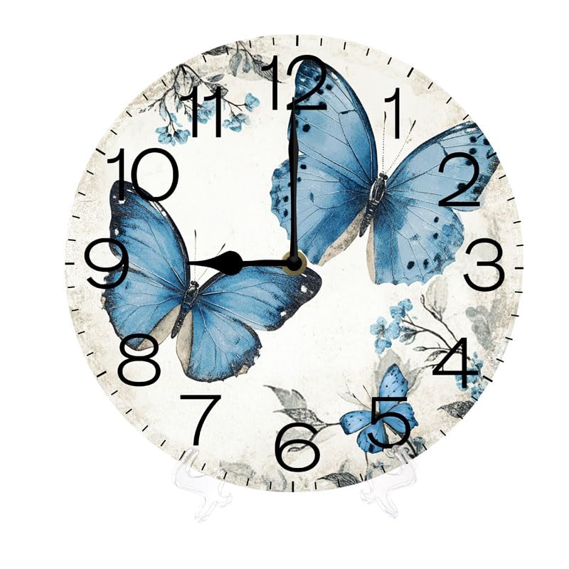 Orologio da parete con farfalla blu, senza ticchettio, silenzioso, al quarzo, orologio analogico nautico retrò in legno, orologio da parete facile da leggere per cucina/soggiorno/camera da letto, 25