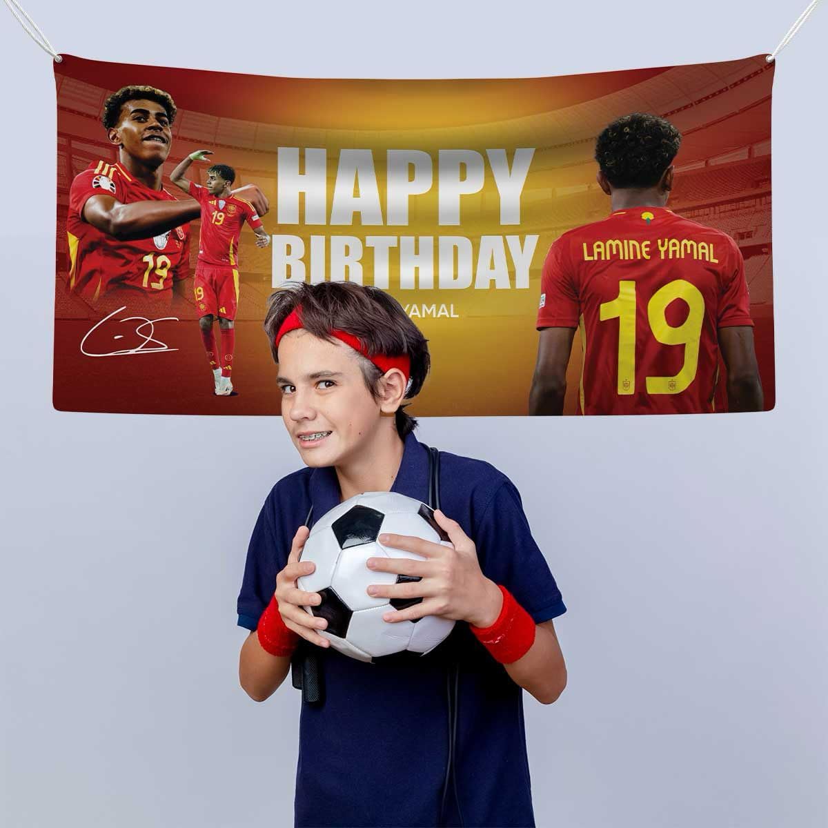 Lamine Yamal Birthday Banner Spain Jersey No.19 – Football Party Backdrop, Soccer Theme Decorations for Boys Birthday