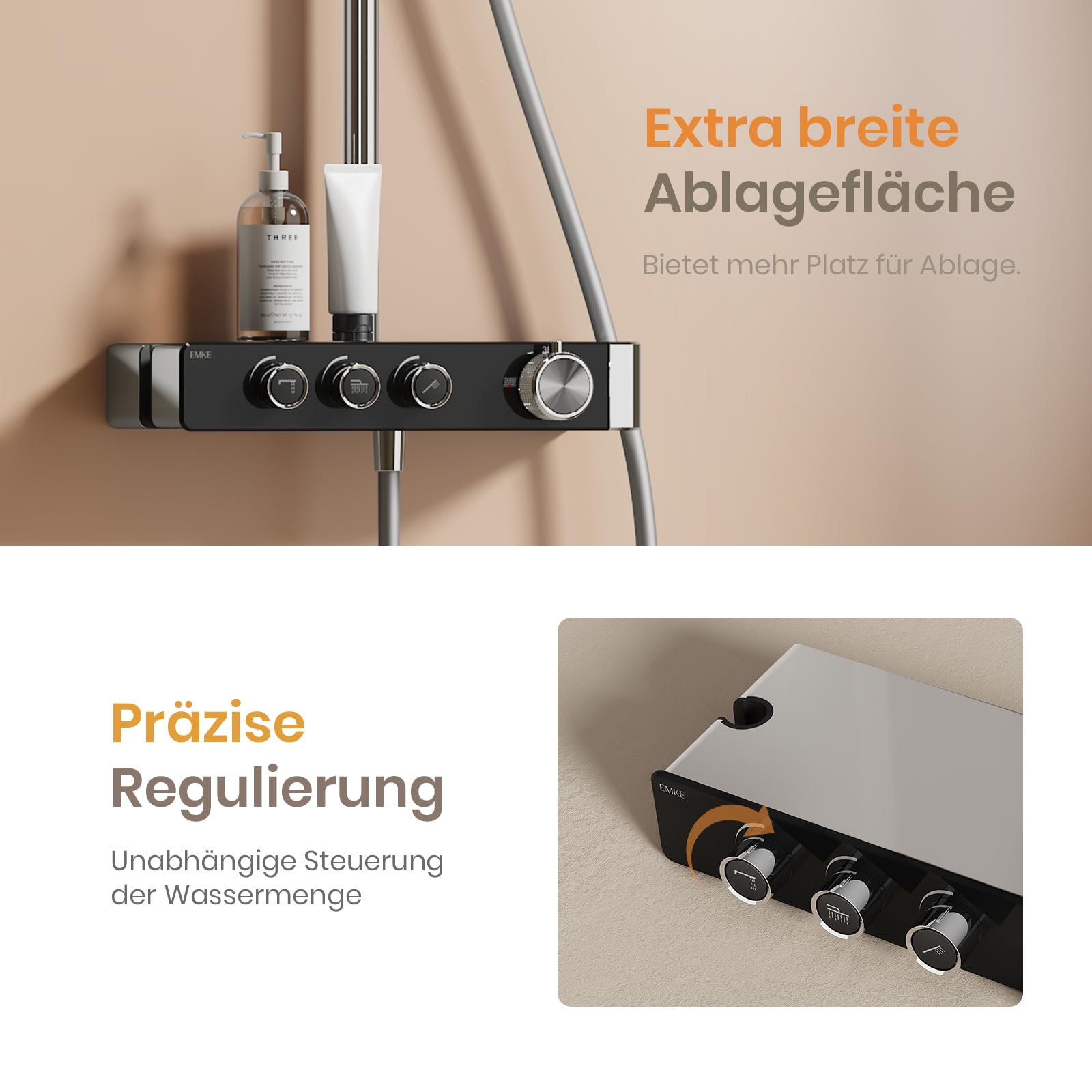 EMKE Duschsystem mit Thermostat, Regendusche Duschsystem Chrom, mit großer 26 cm Regendusche, 3 Strahlarten Handbrause, höhenverstellbarer Brausestange und Schlauch, Duscharmatur Komplettset