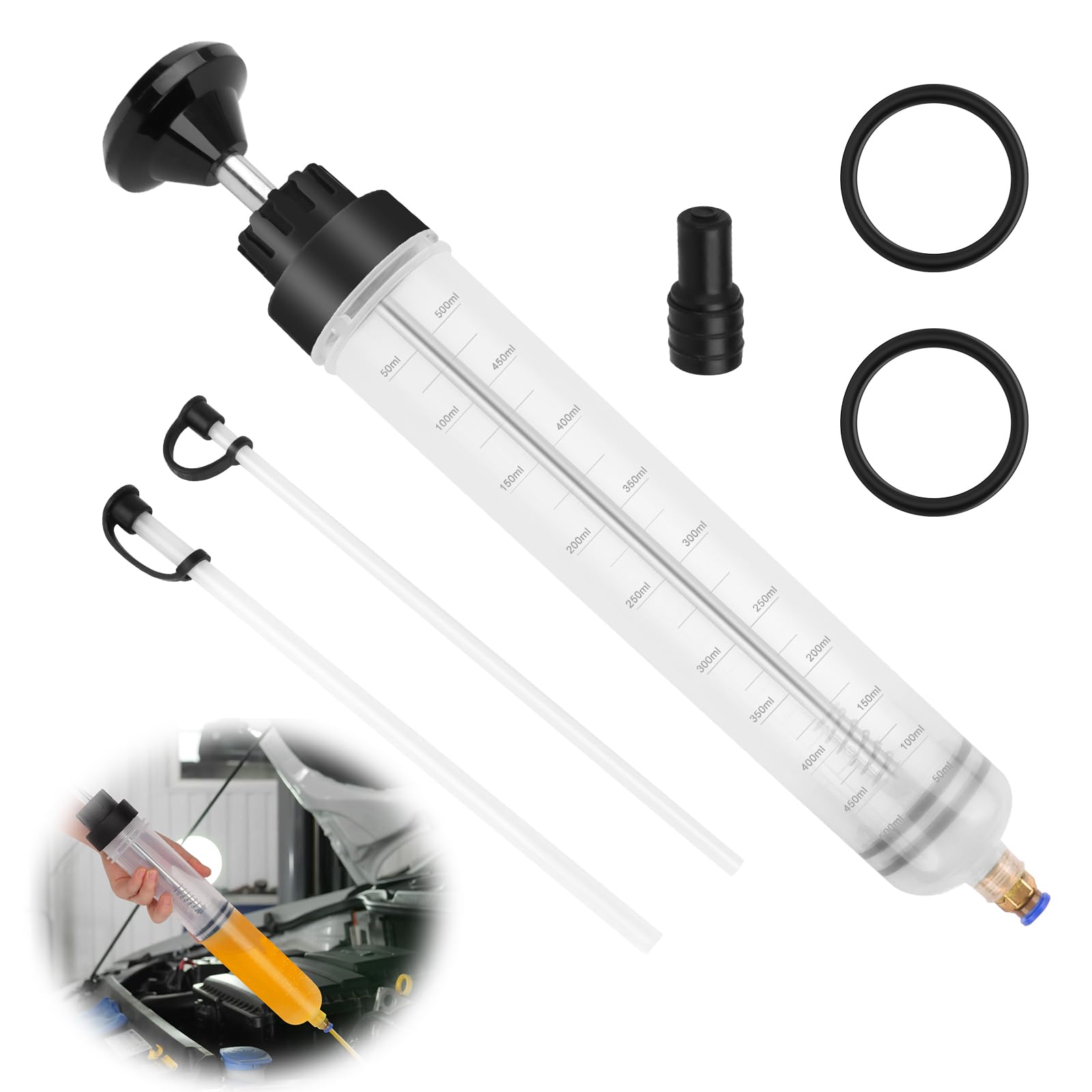 RISVOWO Seringue a Huile 500CC, Seringue d'aspiration d'huile, Huile Aspiration Seringue-Pompe de Transfert avec 2 Tube Extension pour le Liquide de Frein, les Huiles de Transmission, le Liquide de Re