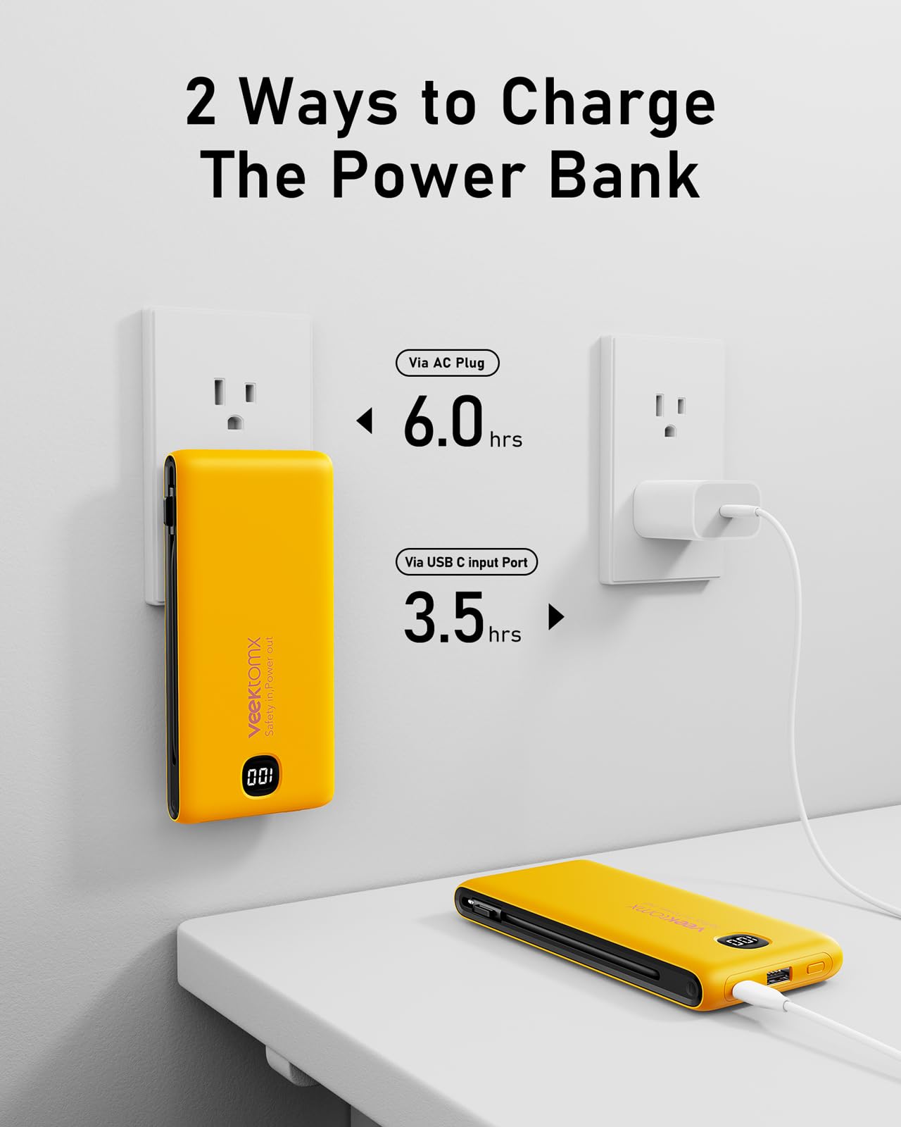 VEEKTOMX 10000mAh Portable Charger with Built-in Cables & Wall Plug view 4