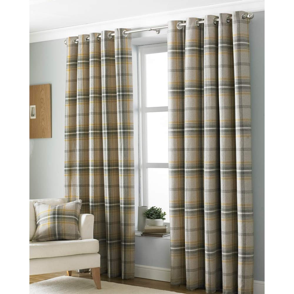 Paoletti Tartan Faux Wool Room Darkening Eyelet Curtain Pair Ochre (W)229Cm X (D)183Cm from B&Q