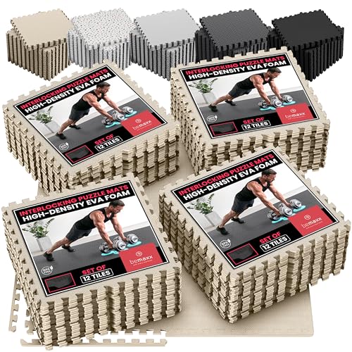 Image of bemaxx Gym Mats Set - 48 pcs EVA Interlocking Foam Floor Tiles (24.4 inchx24.4 inchx0.4 inch) 192 sqft Protective Gym Flooring Sports Home Workout Exercise Mats Puzzle Garage Fitness Play-Room Pool Treadmill Bike