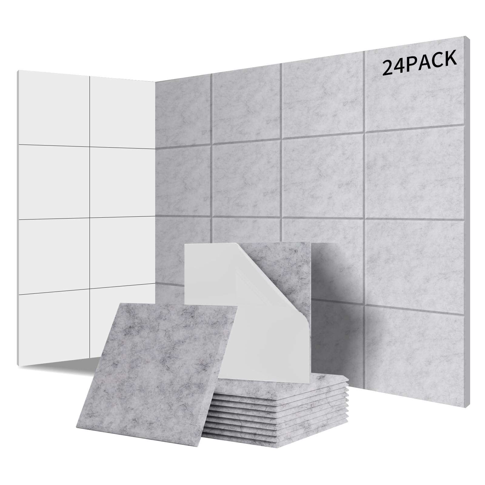 Lot de 24 panneaux acoustiques carrés autocollants I Isolation phonique efficace Couverture 2.16㎡ haute densité (230kg/m³) NRC 0.95 –Pour murs et portes,salle de jeux, Gris argenté