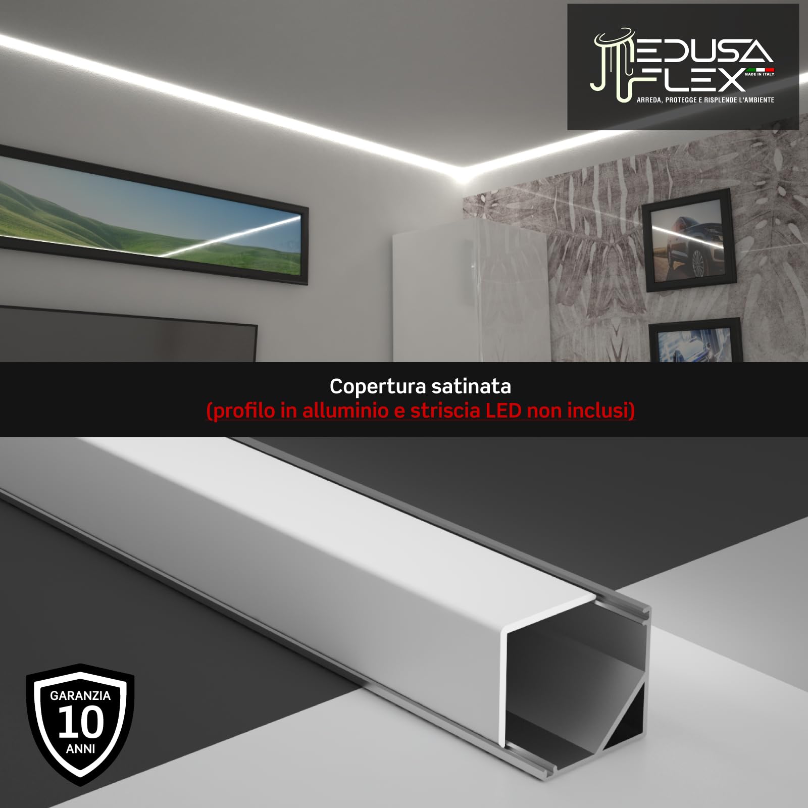 Copertura Angolare Profilo alluminio per Strisce LED MEDUSAFLEX mod. Cubo 2 Metri - Satinata - Made in Italy in Policarbonato stabilizzato UV certificata UL94HB - Garanzia 10 anni - Pacco da 8