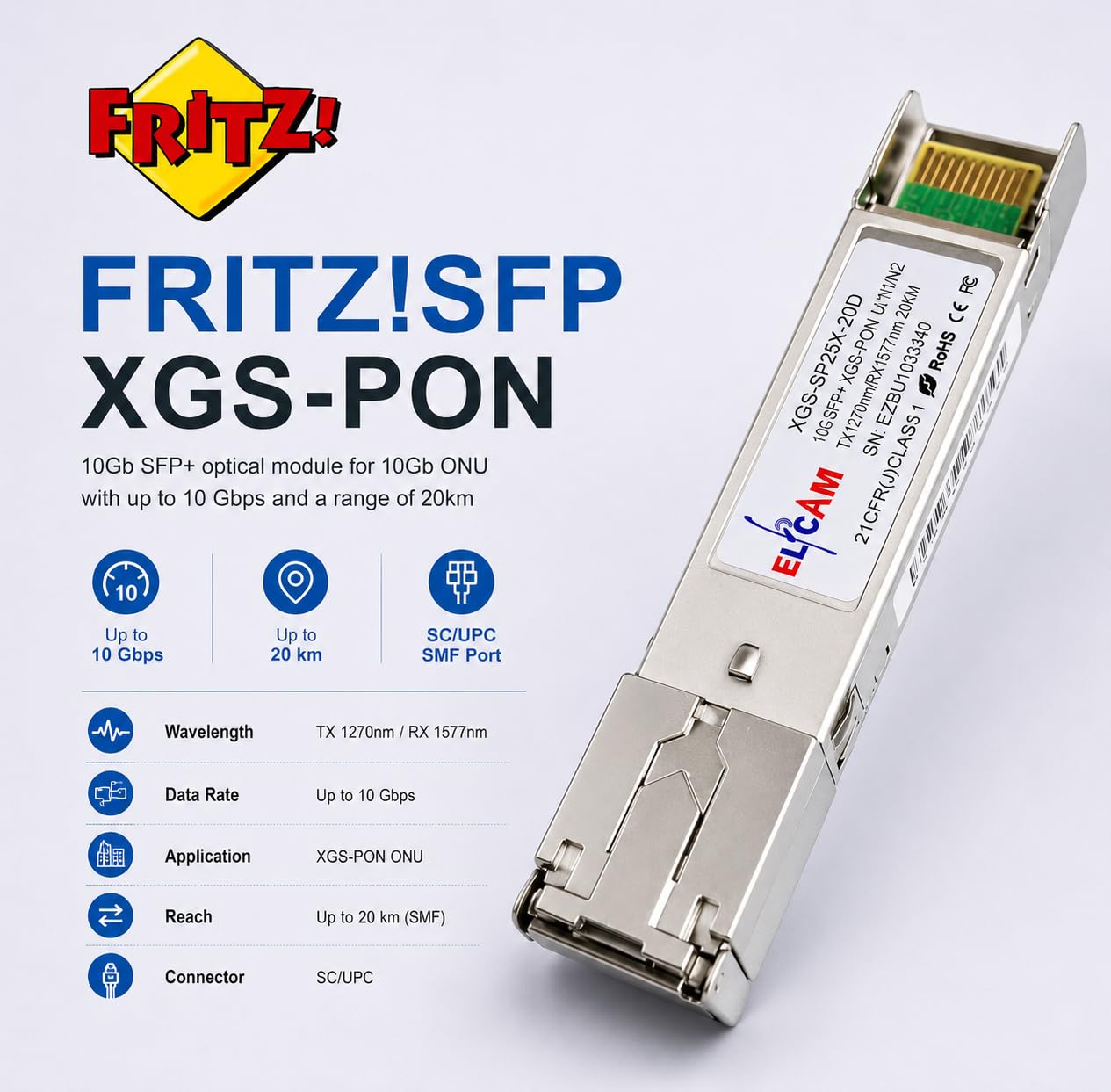 Elfcam - Módulo Transceptor 10Gb XGS-PON para Fritz!Box 5530/5590 Fiber – SFP+ Óptico, Alcance 20 km, Compatible con Fritz!OS 7.50+, SC/UPC SM, TX1270nm/RX1577nm