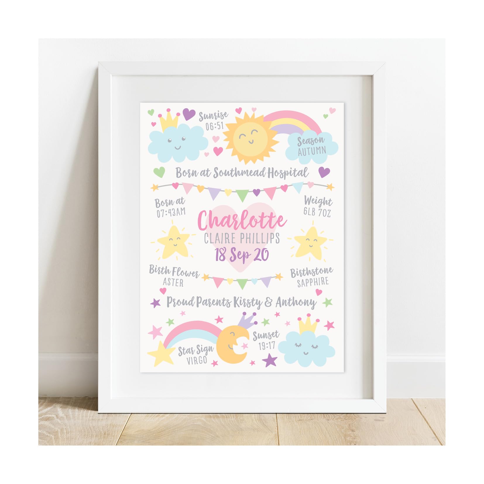 Personalised Birth Details | New Baby Gift | Rainbow Baby Print | Day You were Born | Bunting | Boy Girl | Newborn | Nursery Art | Christening Gift | Birthday Present - by Strawberry Splendour Prints