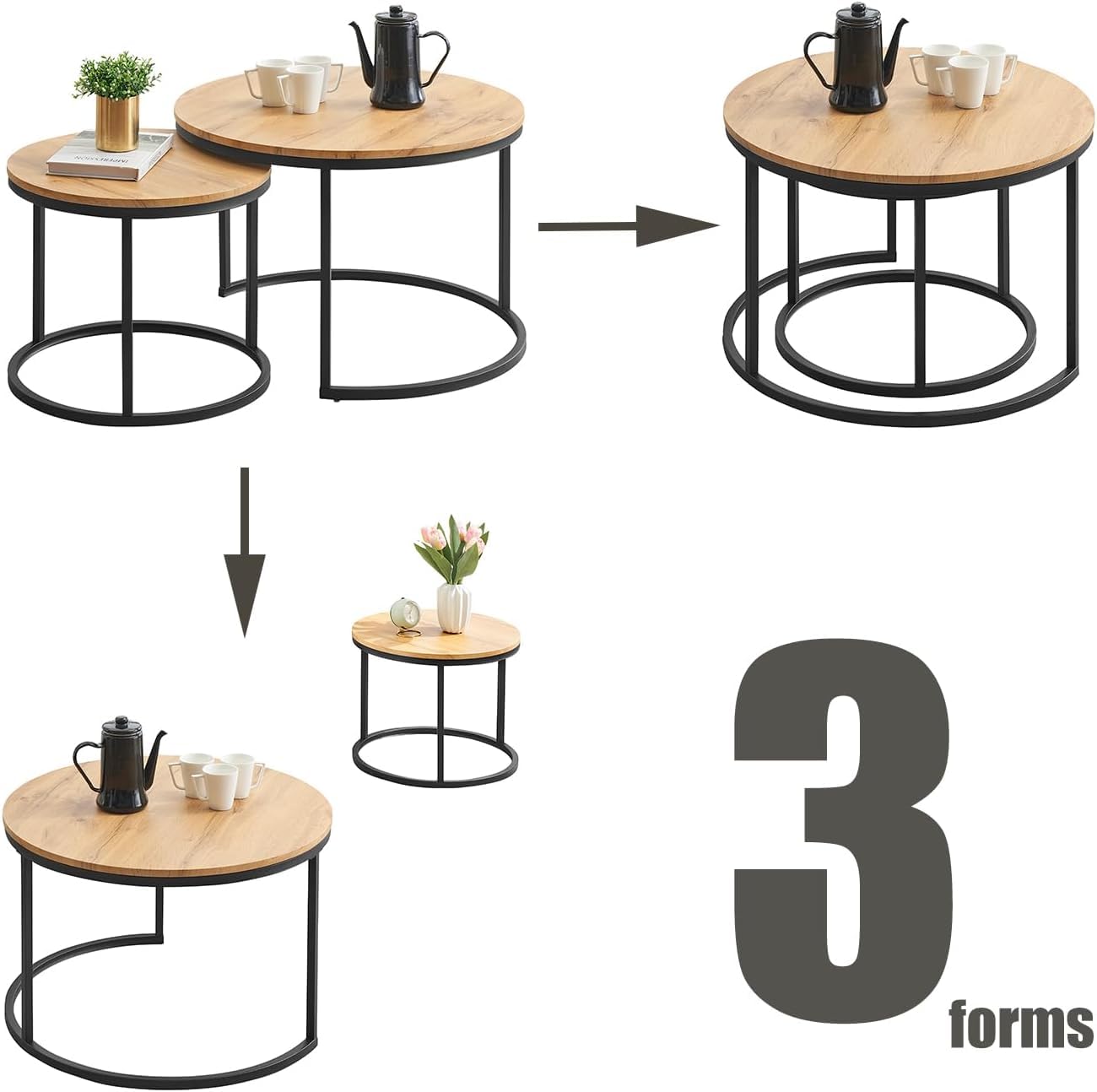 Couchtisch 2er Set, Moderne Couch Tisch mit Schwarz Metallgestell, Couchtisch Eiche, Couchtische Rund Schwarz, Living Room Table, Kaffeetisch, Wohnzimmertisch Holz 70x70x45 & 50x50x35 cm