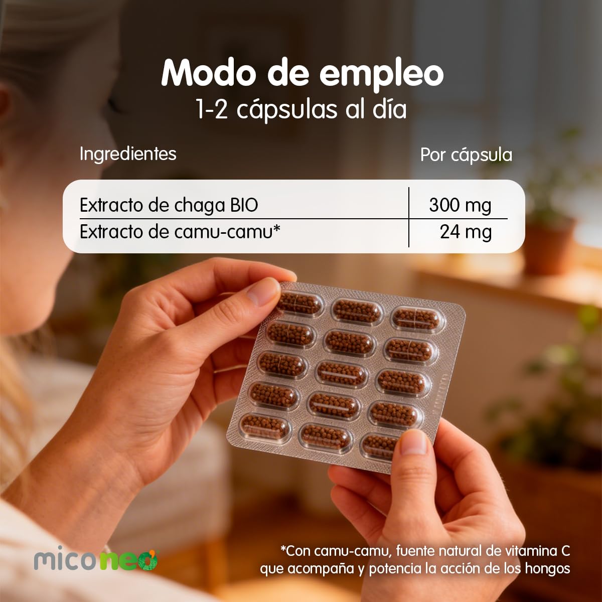 Mico NEO | Chaga Neo | Extracto Seco de Chaga | Hongo Siberiano | Complemento Alimenticio para Favorecer el Sistema Inmunológico | 60 Cápsulas