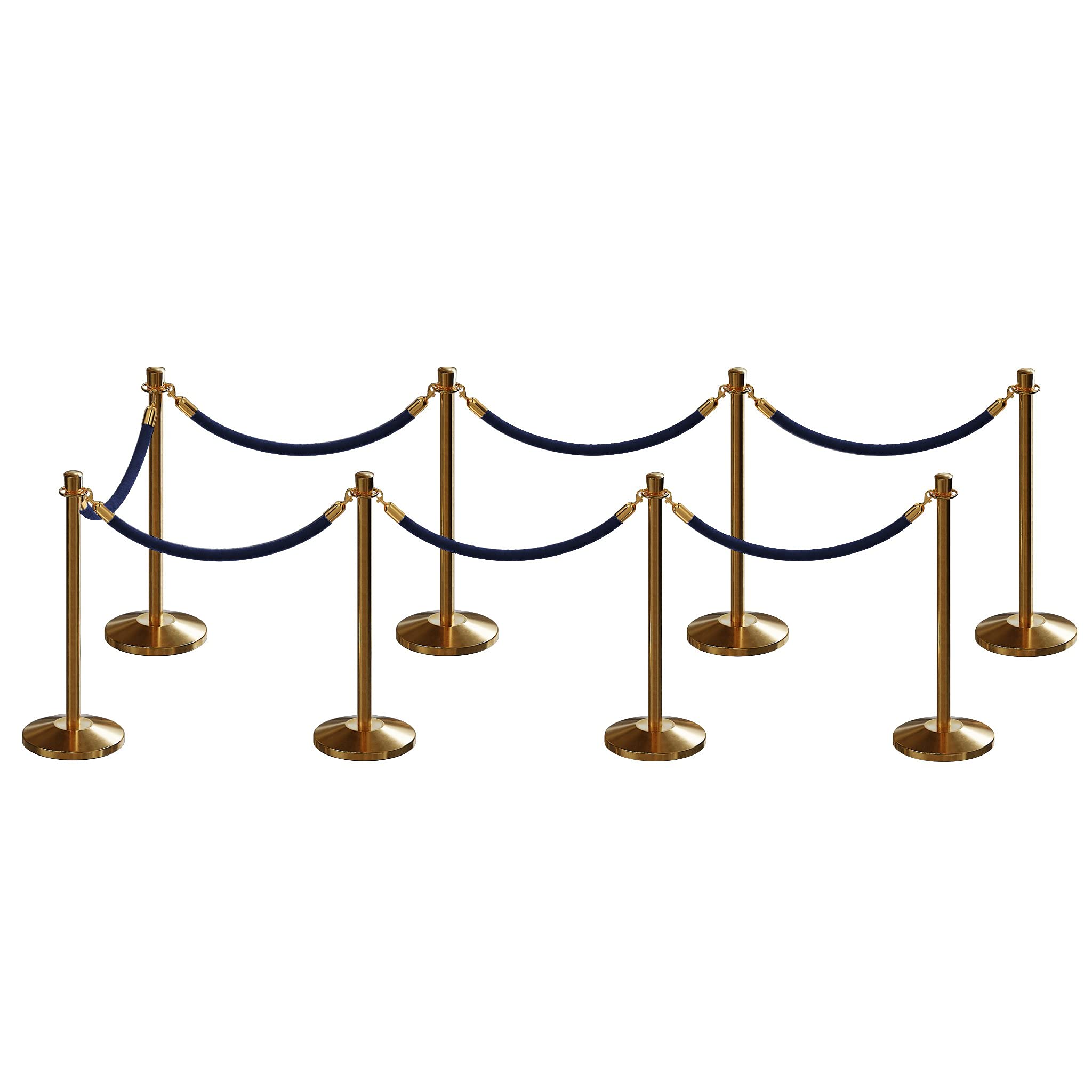 CCW Post and Rope Stanchion Kit with 8 Satin Brass Crown Top Posts and 7 Dark Blue Heavy Duty Velvet Cotton Core Ropes (6ft.Each) in Satin Brass Snap Ends