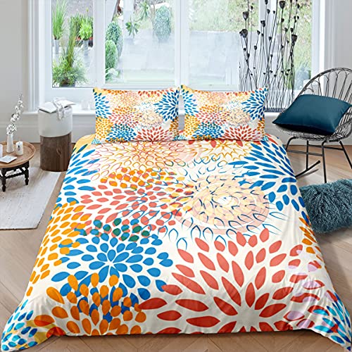 feelingyou Juego de ropa de cama con diseño de flores, 200 x 200 cm, diseño de flores de acuarela, funda nórdica para niños, Navidad, dormitorio, regalo, arte abstracto, naranja, azul, microfibra