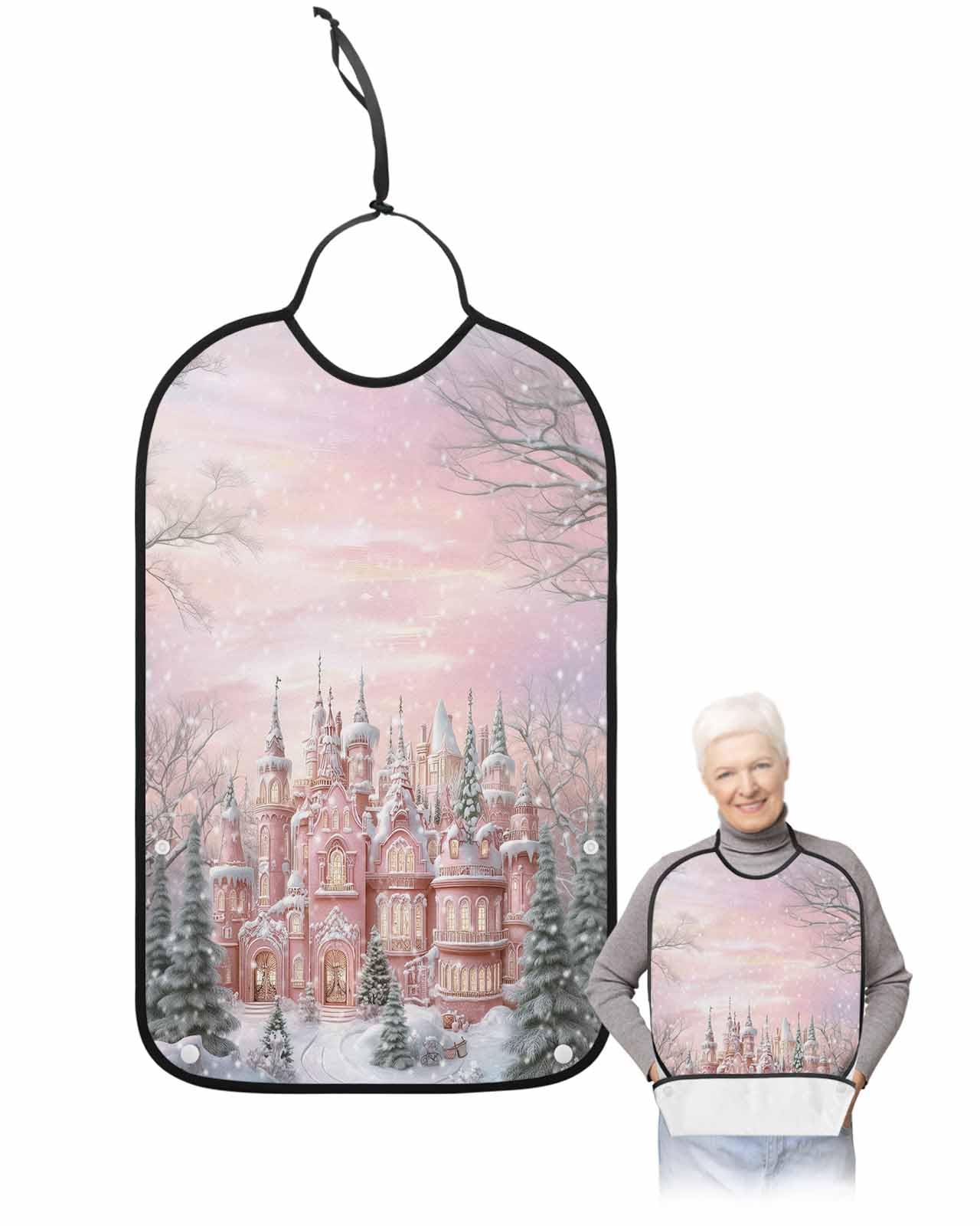 Christmas Adult Bibs for Eating, Xmas Town Pine Forest Snow Pink Ombre Dreamy Sky Washable Elderly Adult Bibs for Men Women Large Reusable Adjustable Clothing Protector with Optional Crumb Catcher