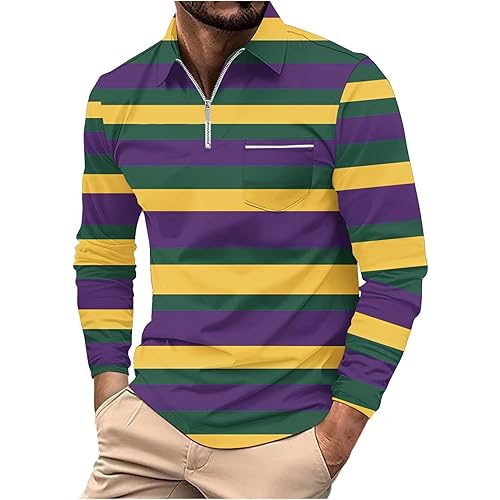 Mens Work Shirts,Mens Long Sleeve Polo Shirts 1/4 Zip Pullover Striped Shirt Casual Slim Fit Golf Shirts with Pocket