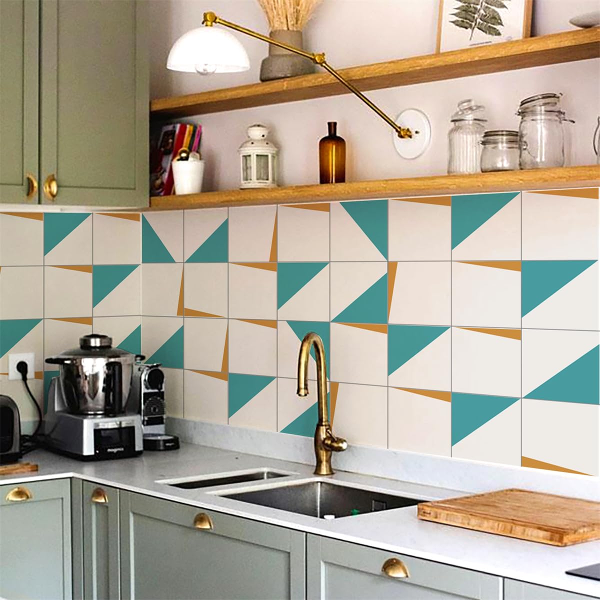 Azulejos de cerámica para pared, adhesivos para azulejos de 20 x 20 cm, color blanco y verde, para cocina y baño (24 unidades)