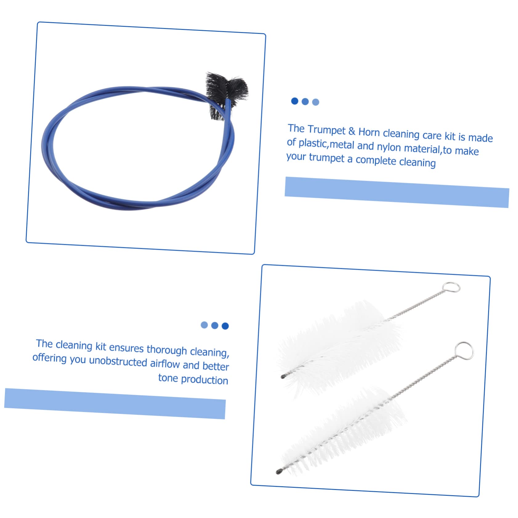 Lot de 3 Set de Set de Brosses Flexibles Bleues de Nettoyage pour Trompette | Plastique et Nylon, pour Instrument à Vent, Entretien Précis, Format Compact