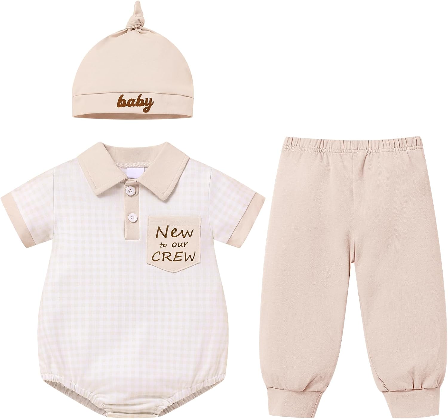 IBTOM CASTLE Newborn Infant Baby Clothes New to The Crew Outfit Short Sleeve Romper + Pants + Hat 3PCS Outfits Set