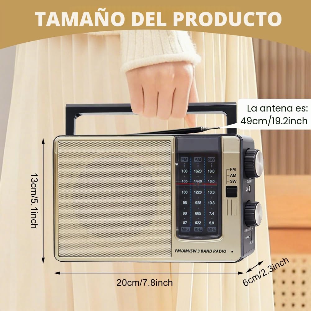 Radio FM AM portátil, Radio alimentado por batería y corriente AC, Radio de maletín para personas mayores, Radio de onda media, Radio pequeño con altavoz, Radio sencillo para personas mayores, Radio