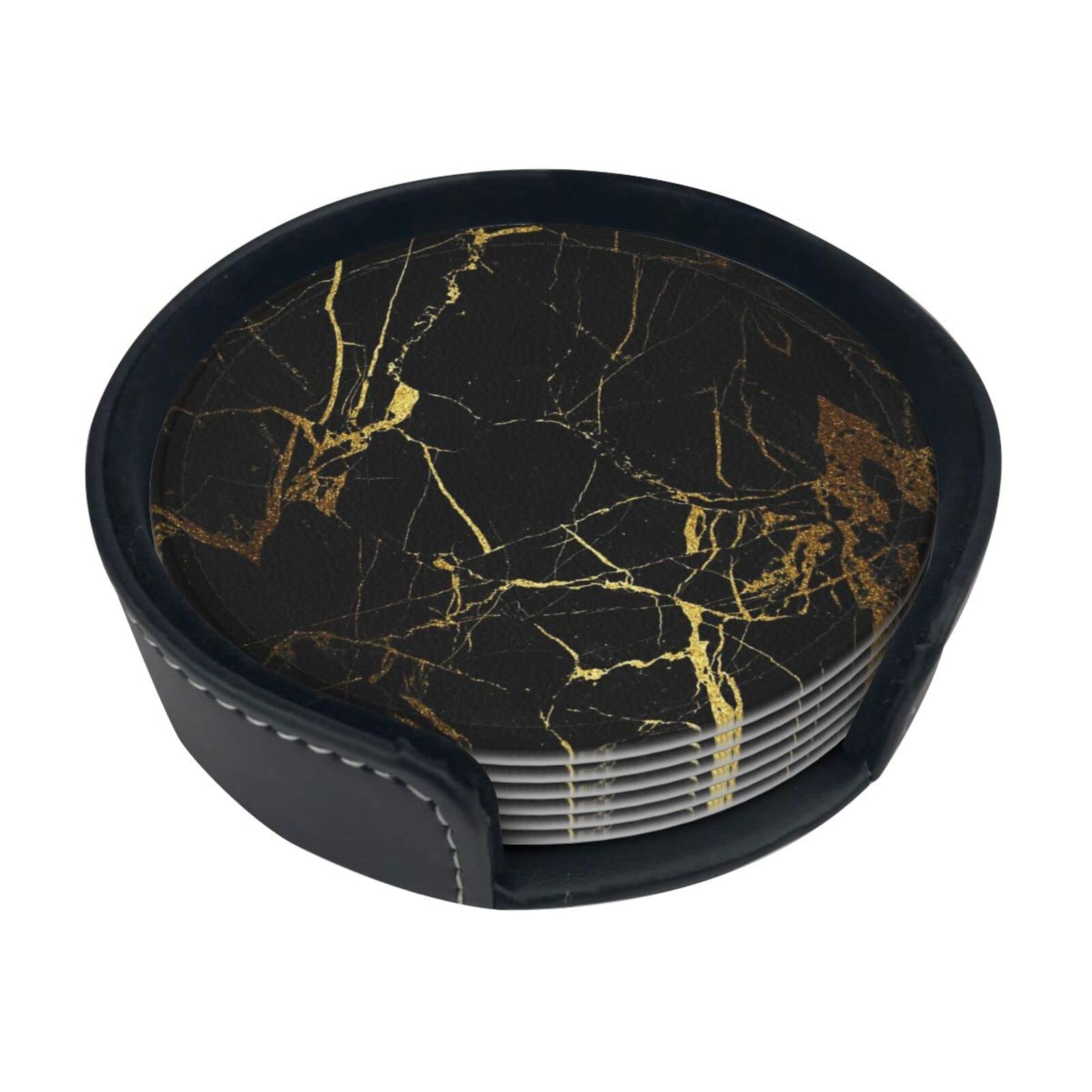 Alteko Black,Gold Coasters Set Of 6 Black Gold Marble Print Leather Coasters For Drinks,Home Décor And Housewarming Gift