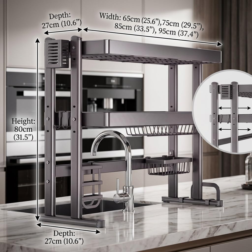 Escurridor de platos sobre fregadero, estante organizador ajustable | Acero carbono reforzado, diseño de 3 niveles ajustable, ahorro de espacio(75cm/29.5in)