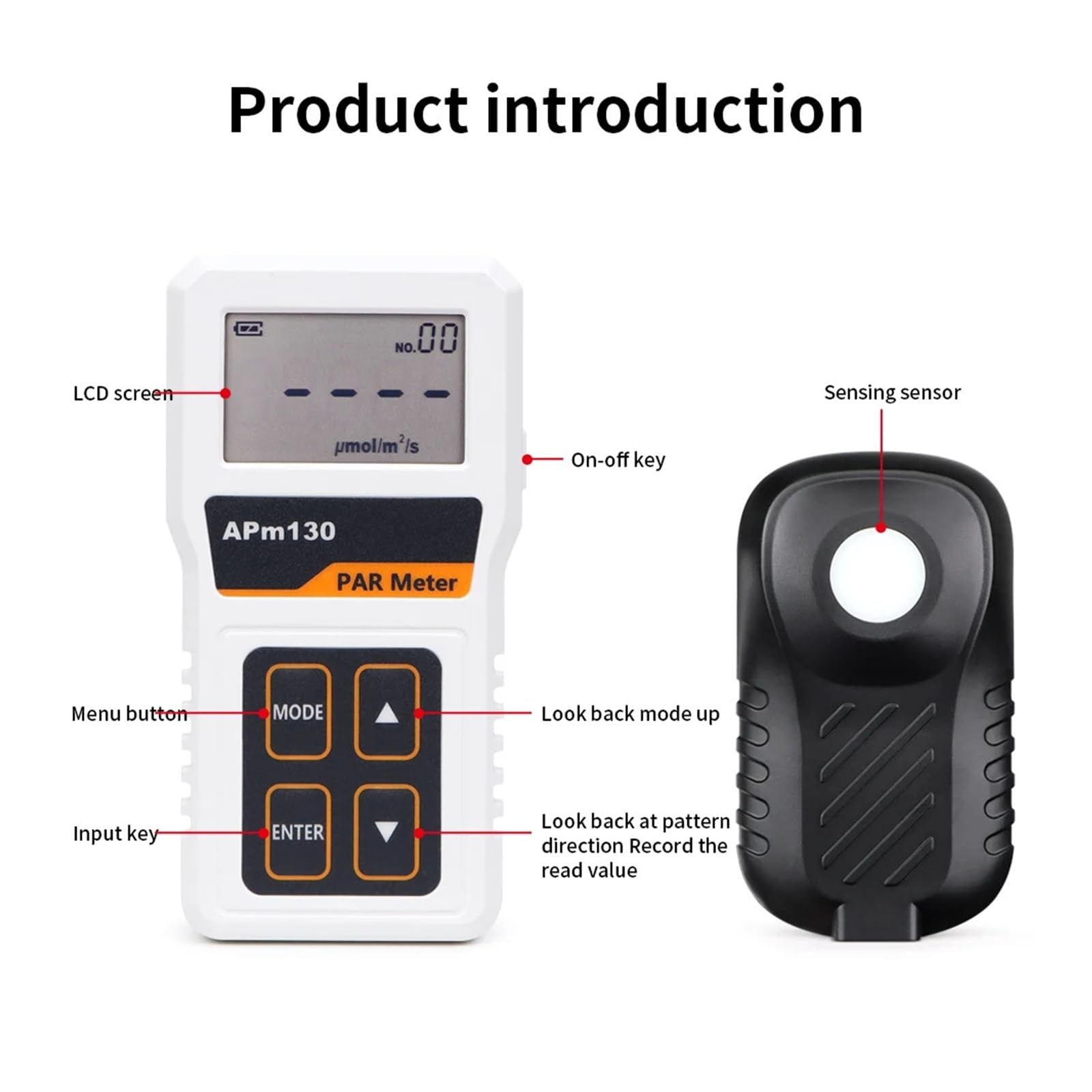 Medidor PAR digital APM130 con sensor impermeable PPFD 400-700 nm | Probador de luz de registro de datos de plantas de radiación fotosintética